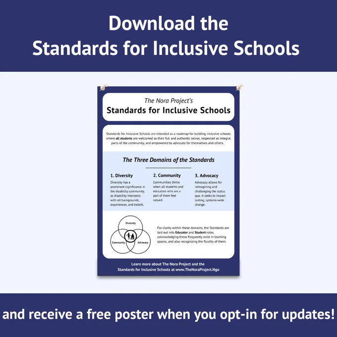A light blue graphic has navy bars at the top and bottom that read 'Download the Standards for Inclusive Schools and receive a free poster when you opt-in for updates!' In the middle is a poster hung up with tacks. The poster has the three domains of the standards, information about the standards, and a Venn diagram.