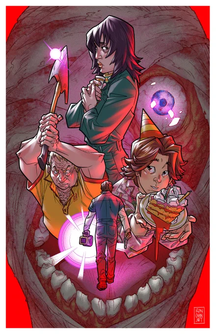 Digital color art of the cast of Mouthwashing, arranged in a movie poster like collage. Jimmy stalks away from the viewer, carrying the code scanner and gun. Daisuke smiles, holding up a slice of cake. Swansea raises an axe above his head with an anguished look on his face. Anya clutches a bottle of pills to her chest. Curly's giant head floats behind, serving at the background, the other characters somewhat emerging from his gaping mouth. Curly is bathed in shadowy red, while the foreground characters are lit with dramatic rim lighting. Purplish pink glow comes from Jimmy's code scanner, the glint of Swansea's axe, and the reflections in Curly's exposed eye.