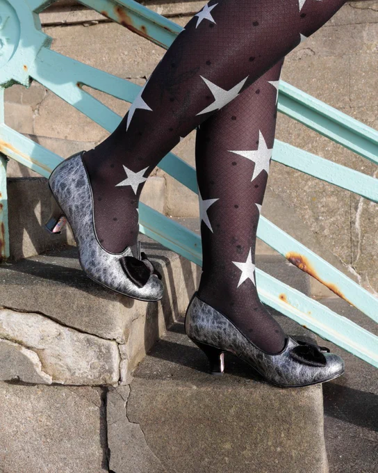 Irregular Choice 'Dazzle Razzle' heels. Black & Silver abstract design, black velveteen bow
