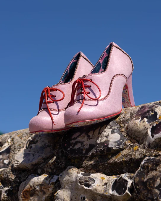 Irregular Choice 'Bedazzled' heeled brogues. Blush pink, red laces, small pink scalloping