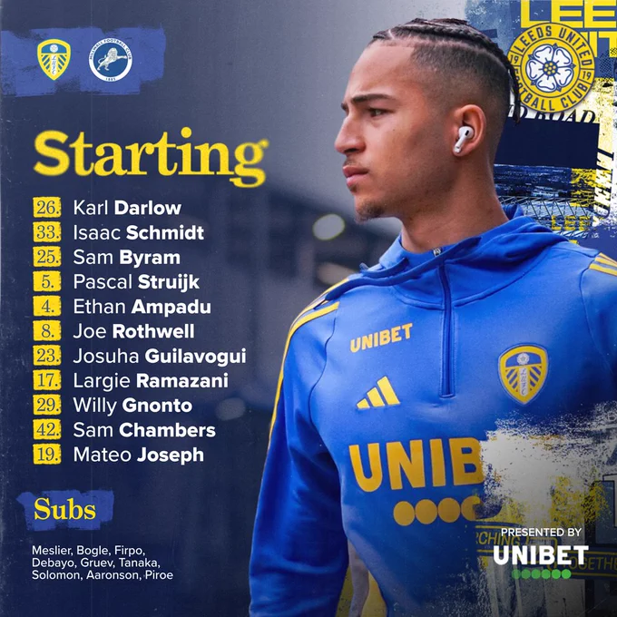 Starting XI: Darlow, Schmidt, Byram, Struijk, Ampadu, Rothwell, Guilavogui, Ramazani, Gnonto, Chambers, Joseph