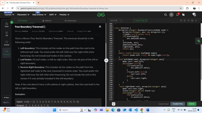 Morris Traversal for Inorder Traversal 🌿📜

Morris Traversal is an efficient way to perform inorder traversal of a binary tree without using recursion or extra space (apart from modifying the tree temporarily). Instead of using a stack, it establishes threaded links to traverse the tree.

Steps for Morris Inorder Traversal:
1️⃣ Start from the root and initialize the current node as curr.
2️⃣ If curr has no left child, print its value and move to the right.
3️⃣ If curr has a left child:

Find the rightmost node (inorder predecessor) in the left subtree.
If the rightmost node’s right is null, create a temporary thread to curr and move left.
If the rightmost node’s right is curr, remove the thread, print curr, and move right.
4️⃣ Repeat until all nodes are visited.
Time Complexity:
✅ O(n) (Each node is visited twice at most)
✅ O(1) Space Complexity (No extra stack/recursion)

Why Use Morris Traversal?
🔹 Saves memory by avoiding recursion & stack.
🔹 Useful in space-constrained 