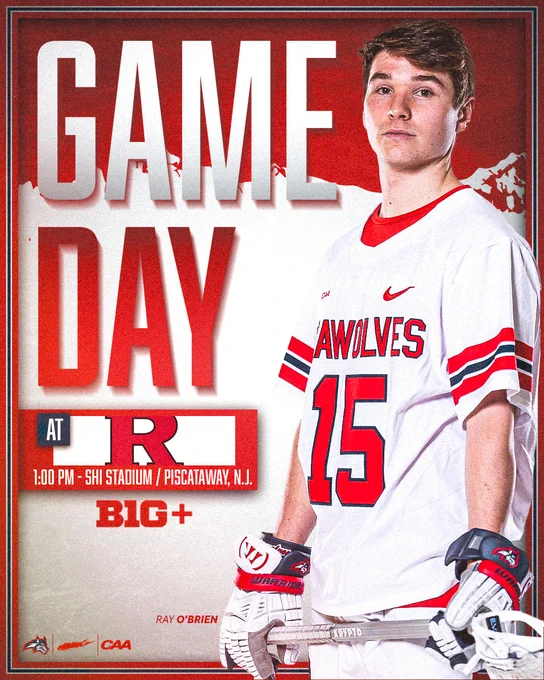 Promotional poster for a game day featuring a Stony Brook Seawolves lacrosse player in uniform, with text announcing a match at Rutgers, location SHI Stadium in Piscataway, N.J., and logos of NCAA, Big Ten  and CAA.