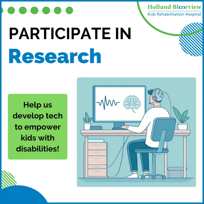 A graphic promoting research study recruitment that will help design brain-controlled technologies for children with disabilities with a cartoon person sitting in front of a computer wearing a headset that is measuring their brainwaves. 