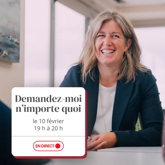 Susan Holt, vêtue d'un blazer et d'une chemise blanche, est assise à une table, souriante et parlant. Il y a une superposition graphique avec du texte en français concernant un événement en direct, prévu le 10 février de 19h00 à 20h00.