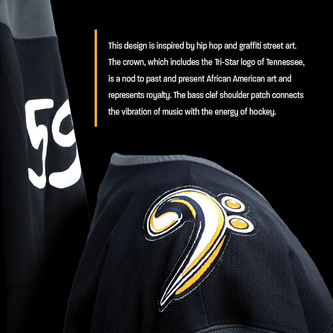 Image of the details on the BMHN jersey. Text reads "This design is inspired by hip hop and graffiti street art. The crown, which includes the Tri-Star logo of Tennessee, is a nod to past and present African American art and represents royalty. The bass clef shoulder patch connects the vibration of music with the energy of hockey." 