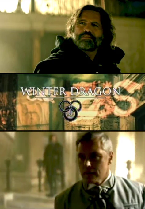 image from the short film Winter Dragon. The top panel shows Ishamael (Billy Zane) in a hooded cloak, looking upward in a dimly lit hall. The middle panel displays the Winter Dragon title card over ornate artwork, featuring three interlocked rings beneath the text. The bottom panel shows Lews Therin (Max Ryan) dressed in period attire, standing in the same grand, softly lit setting.
