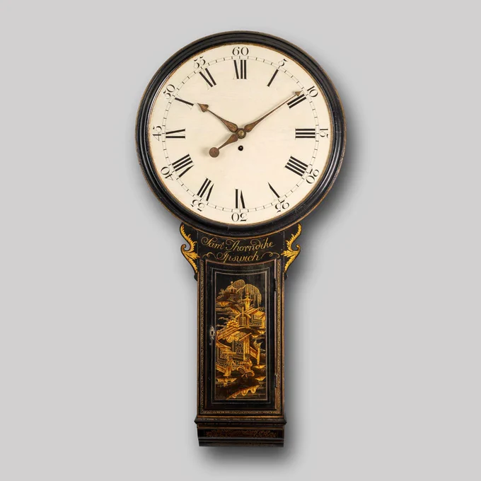 Exceptional c.1790 tavern clock by Samuel Thorndike, Ipswich. Fine chinoiserie decoration with oriental garden scene. 8-day movement. A superb example of Georgian provincial craftsmanship.