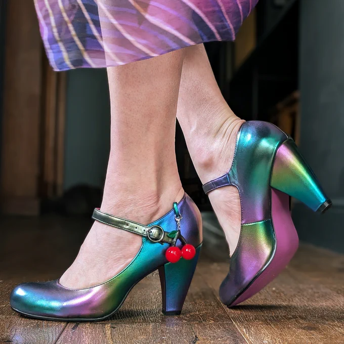 Irregular Choice 'Cherry Champ' Mary Jane heels. Petrol metallic body, 3D cherry charm