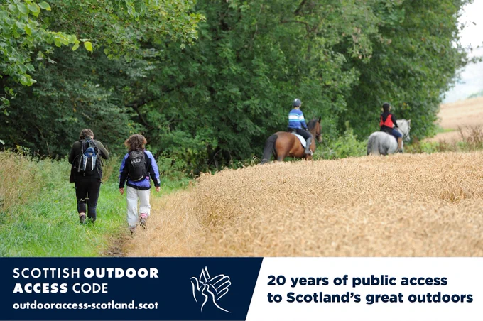 Photo of two people walking next to a field with two people riding horses in the distance. Text on image: 20 years of public access to Scotland's great outdoors