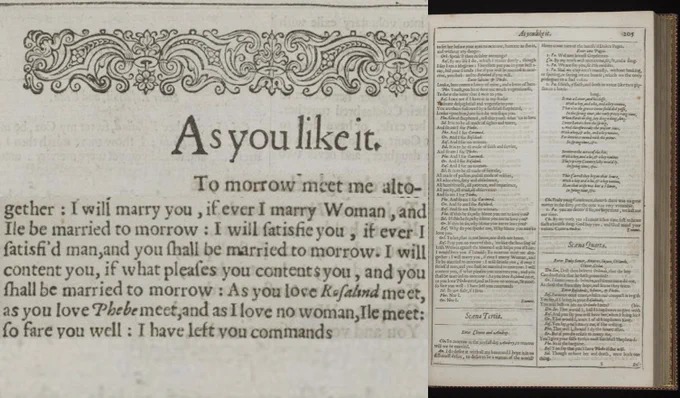 Images from 1632 Second Folio of Shakespeare: part of first page of As You Like It, excerpt from Act 5 Scene 2, and origin page of this excerpt.