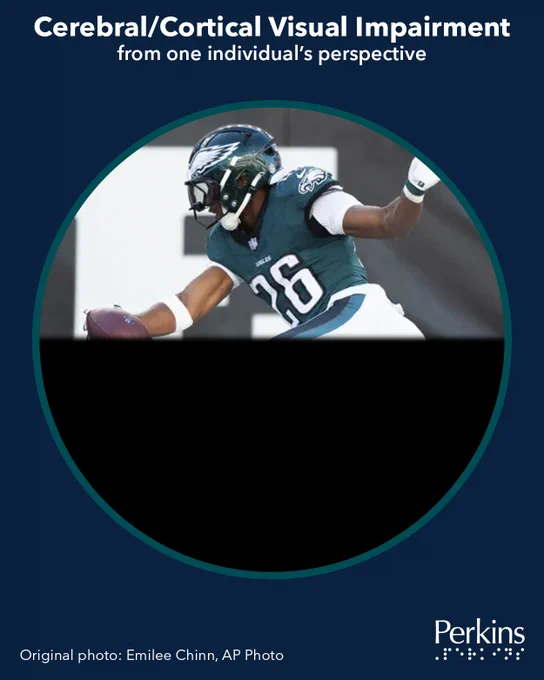 A running, football-carrying athlete in a green and white #26 jersey partially obscured by a black field on the lower half of the scene. Text: Cerebral/Cortical Visual Impairment from one individual’s perspective