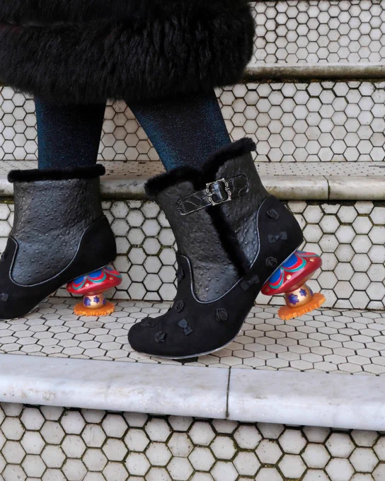 Irregular Choice 'Mushroom Meadow' concept heeled boots. Black body, rose details, mushroom heel
