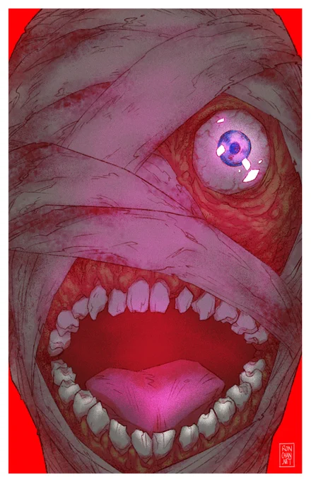 Close-up color art of Curly from the video game Mouthwashing, in his bandaged state. Mutilated flesh, one exposed eyeball, bloody bandages, and too many teeth form his terrifying visage. He is bathed in red light with faint magenta glows around his eye and open mouth.
