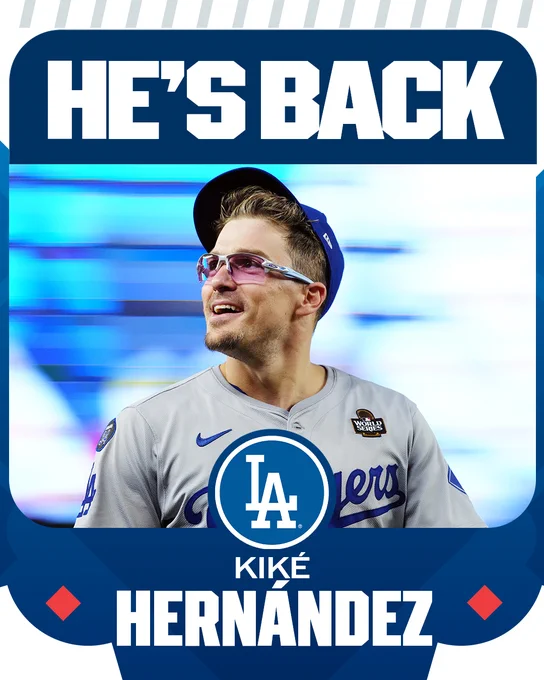 He's Back - Kiké Hernández, Los Angeles Dodgers
Pictured: Kiké Hernández smiles during Game 5 of the 2024 World Series. His hat sits crookedly propped on his head and he wears a gray Dodgers uniform.