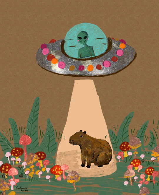 painting of an alien in a spaceship abducting a capybara in a field full of mushrooms