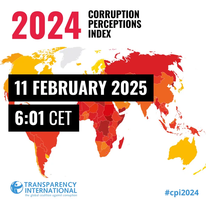 In the background, we can see a heatmap of the world from yellow to dark red. The text in the image says: Corruption Perceptions Index 2024. 11 February 2025. 6:01 CET. #CPI2024. Transparency International. 

