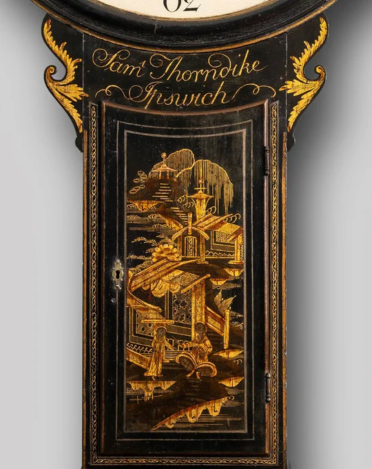 Exceptional c.1790 tavern clock by Samuel Thorndike, Ipswich. Fine chinoiserie decoration with oriental garden scene. 8-day movement. A superb example of Georgian provincial craftsmanship. 
