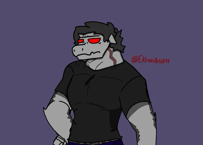Beli'al in his casual outfit. The red stripe on his neck is a vein that got damaged due to inmense stress. He's related to my sona "[Redacted]". He's in his 20's despite his attitued.