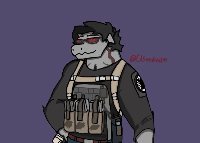 Beli'al in his mil-sim clothing. Here he's smiling since he enjoys wearing it.
The outfit is based on the Barrage skin for the Ranger Operator from SpecGru in MWII(2022).