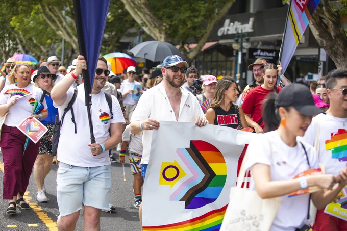 Participators of the RMIT Midsumma march mid-march holding up pride banners and flags
