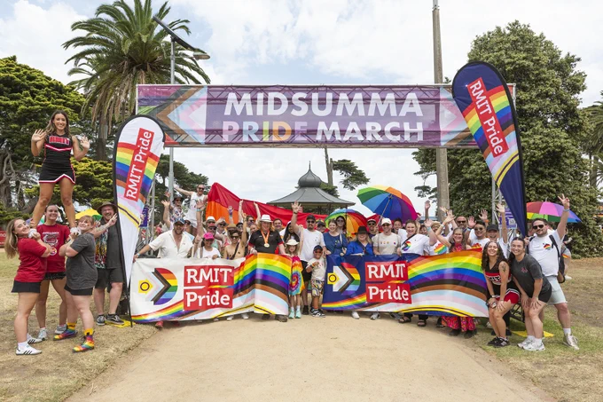 Participators of the Midsumma march pose for a group photo at the finish line. 