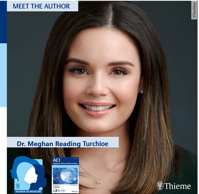 Head portrait of Dr. Meghan Reading Turchioe with small inset images of the Applied Clinical Informatics Journal cover and Thieme Verlag Germany Women in Medicine logo