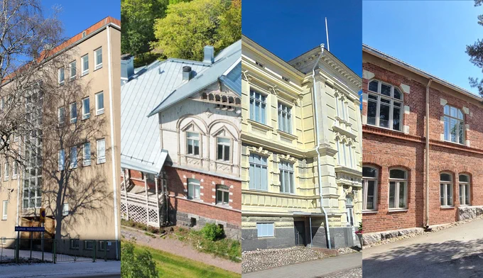 Kuvakollaasi myytävistä kiinteistöistä: Ankkuripuiston ja Tarvonsaaren koulut ja Seminaarinmäen rakennukset.