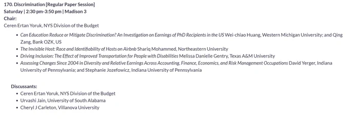 Screenshot of a session at EEAs. The session is on discrimination on Saturday, February 22 at 2:30pm in Madison 3. 