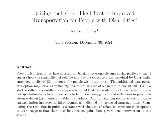 Screenshot of the title page of a working paper titled "Driving Inclusion: The Effect of Improved Transportation for People with Disabilities" by Melissa Gentry.