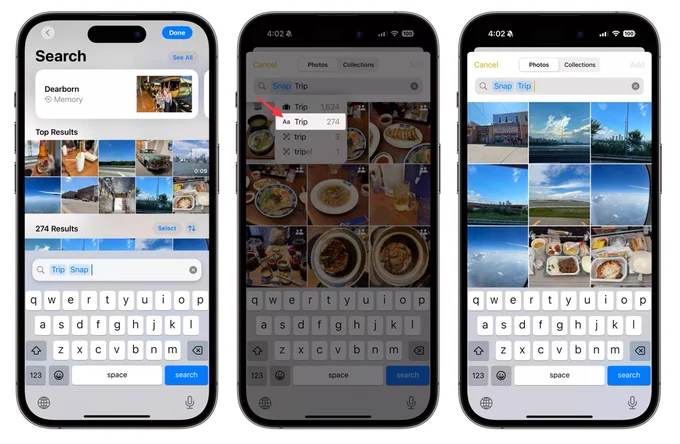 Search by keywords in iOS Photos app.
