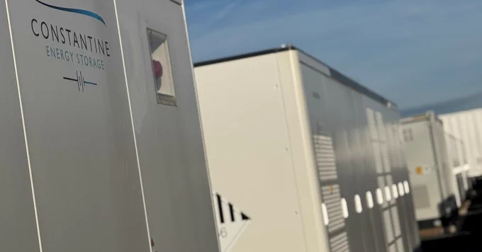 Image shows a Constantine Energy Storage (CES) battery energy storage system (BESS).