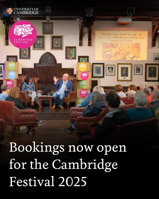 An animated discussion at the Cambridge Union with a diverse audience listening to a speaker. A text overlay reads: "Bookings now open for the Cambridge Festival 2025".
