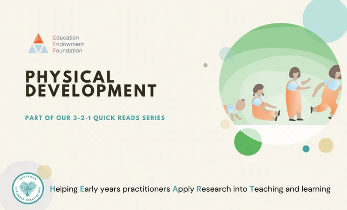 Graphic image promoting the 'Physical Development' download from our 3-2-1 Quick Reads series - helping practitioners explore the 6 key themes of the EEF's Early Years Evidence Store.