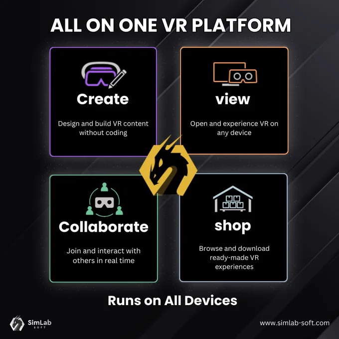 Everything you need for VR in one place—no switching between tools, no device limitations. Just easy creating, exploring, and collaborating on any platform.

SimLab VR offers an all-in-one solution for creating, shopping, and collaborating in the world of virtual reality.
