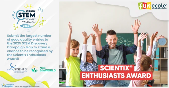 🤩 Teachers, it’s your time to shine! The #SDC25 is your chance to show your expertise and inspire the #Scientix community! 🌍

✔ The #Scientix Enthusiasts Award recognises teachers who submitted the most top-quality entries to the #SDC25 Map!

***Supported by @FUNecole, co-organised with @NBS_EduWORLD & Scientix, 

🥰💥 Get a chance to attend a workshop in Brussels! 

Join👉 https://bit.ly/SDC25

#STEM #Campaign #awards #educators #projects #organisations #schools #funecole