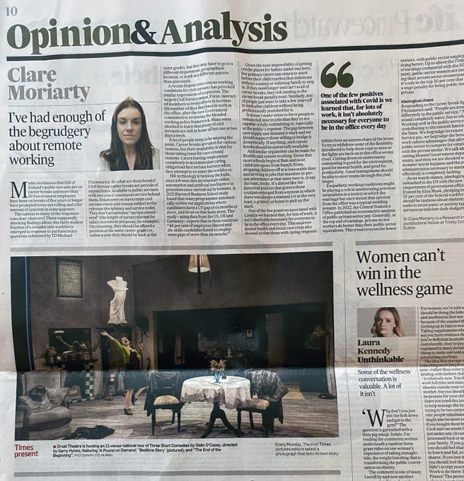 A photo of a page from today's The Irish Times newspaper featuring a production photo from Three Short Comedies