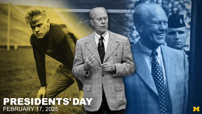 A collage of images featuring former U.S. President and U-M alum Gerald R. Ford, including a photo of him in a Michigan Football uniform, teaching in a U-M classroom and at Michigan Stadium.