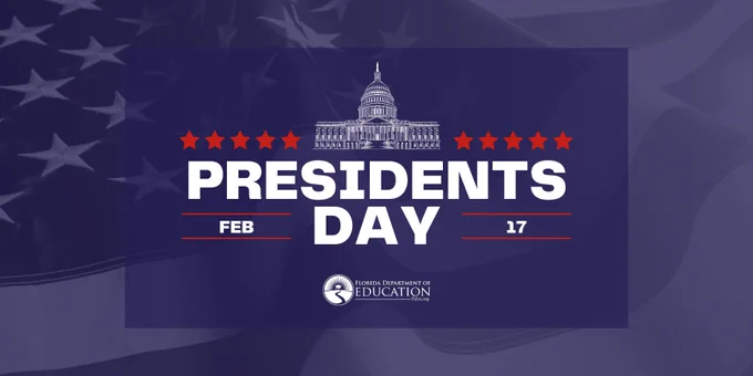 American flag on blue background. 10 red stars and sketch of capitol building. Text reads Presidents Day - February 17. 