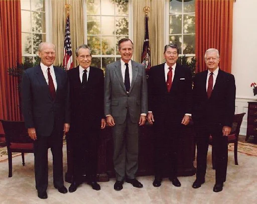 Former Presidents Ford, Nixon, George H.W. Bush, Reagan and Carter in the Oval Office.