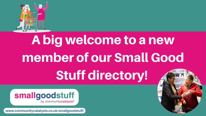 Images of people shopping with text reading 'a big welcome to a new member of our Small Good Stuff directory!'