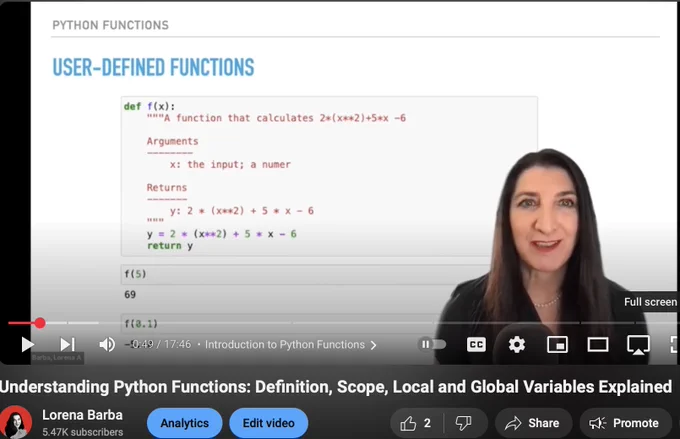 Screenshot from the video showing a slide with a simple Python function