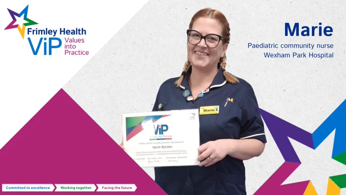Marie, a paediatric community nurse at Wexham Park Hospital, proudly holding a 'Frimley Health VIP Values into Practice' award certificate, smiling in front of a graphic background with colorful star shapes.