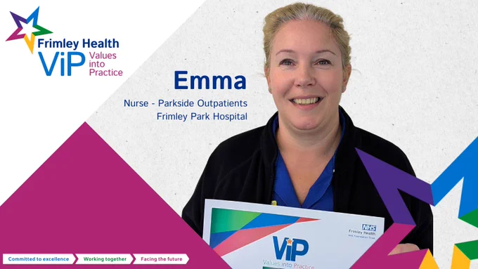 Emma, a nurse at Frimley Park Hospital's Parkside Outpatients department, smiling, holding a certificate with NHS and Frimley Health VIP branding. Colorful geometric shapes in the background.