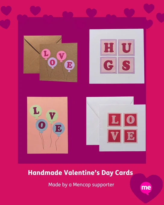 A pink graphic with purple hearts all over and a big purple heart in the middle of the graphic. Images of handmade valentine's cards with 'Love' and 'Hugs' written on them.