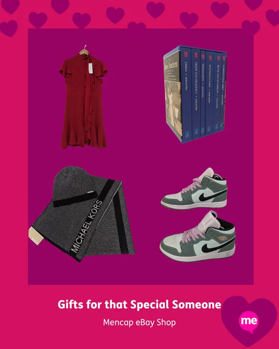 A pink graphic with purple hearts all over and a big purple heart in the middle of the graphic. A few photos of gifts from the Mencap eBay shop, including a red dress, a collection of books, a grey Michael Kors scarf and hat, and some Nike high tops.