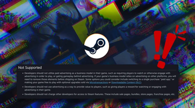 A screenshot of the Steam store with rules about advertising and an exclamation mark superimposed on it.