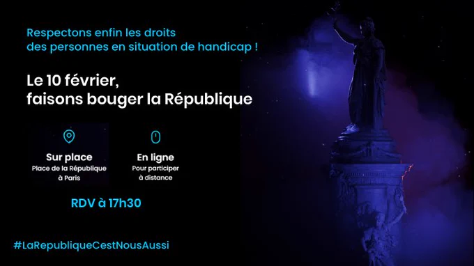 Visuel où il est écrit : Respectons enfin les droits des personnes en situation de handicap !
