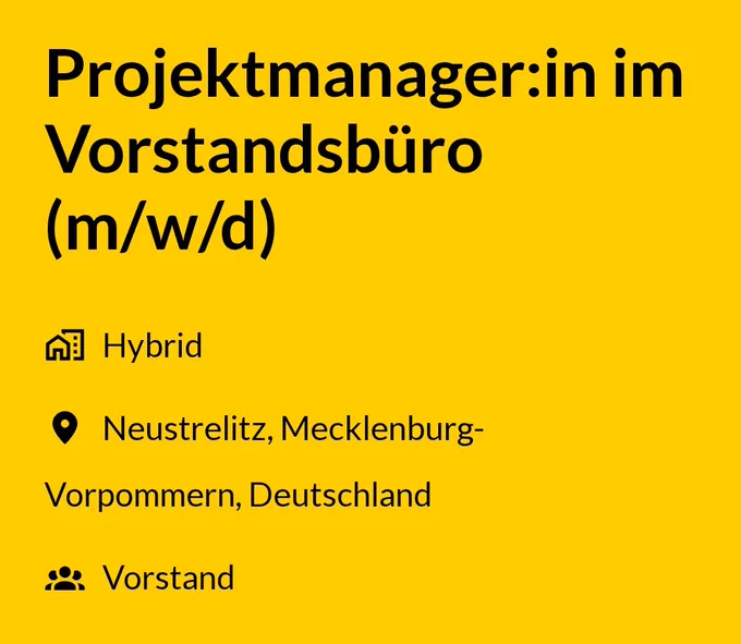 Kachel: Projektmanager:in im Vorstandsbüro (m/d/w), hybrid, Neustrelitz, Mecklenburg-Vorpommern, Deutschland