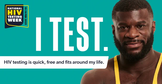 Promotional banner for National HIV Testing Week featuring an individual in a yellow tank top with the slogan 'I TEST.' and text stating 'HIV testing is quick, free and fits around my life.'